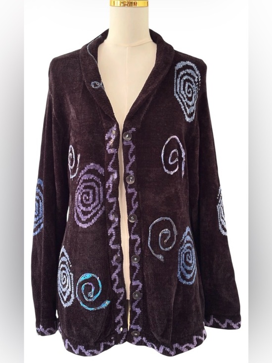 Periwinkle by Barlow Sweaters - Black Cardigan Stitched Accents Beading Sparkle Art to Wear  Size M.  SKU 26